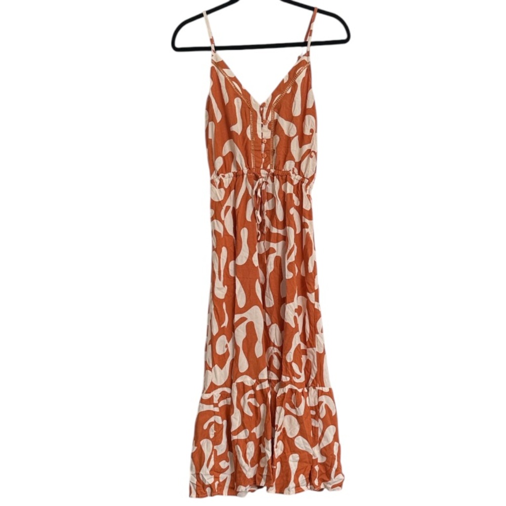 Miracle Orange and Off White Patterned Midi Dress